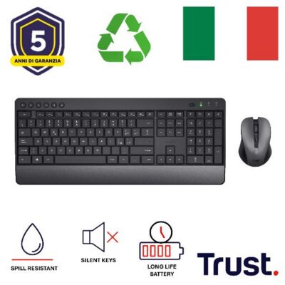 KIT DESK SET TASTIERA E MOUSE WIRELESS SUPER SILENZIOSI – LAYOUT ITALIANO – PLASTICA RICICLATA 85% – LUNGA DURATA BATTERIE (4 ANNI TASTIERA 1 ANNO MOUSE) – TRUST TREZO – NERO