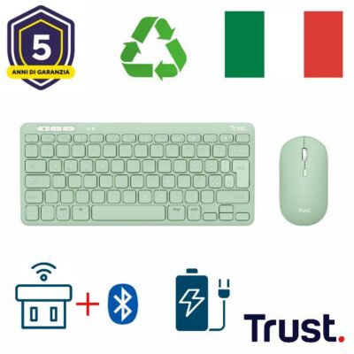 KIT DESK SET TASTIERA E MOUSE WIRELESS RICARICABILI MULTICONNECT 2 BT + 1 WL 2,4GHZ – PLASTICA RICICLATA 51% – LAYOUT ITALIANO – TRUST LYRA VERDE