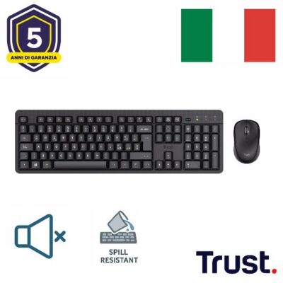 KIT DESK SET TASTIERA E MOUSE WIRELESS SILENZIOSI RESISTENTE AGLI SVERSAMENTI – LAYOUT ITALIANO – TRUST ODI II NERO