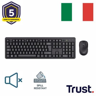 KIT DESK SET TASTIERA E MOUSE WIRELESS SILENZIOSI RESISTENTE AGLI SVERSAMENTI – LAYOUT ITALIANO – TRUST B2B TK-360 NERO
