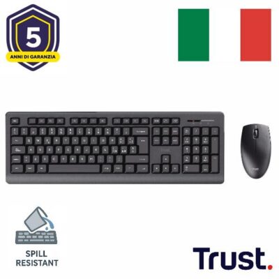 KIT DESK SET TASTIERA E MOUSE WIRELESS SILENZIOSI RESISTENTE AGLI SVERSAMENTI – LAYOUT ITALIANO – TRUST PRIMO NERO