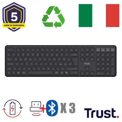 TASTIERA WIRELESS RICARICABILE MULTICONNECT 2 BT + 1 WL 2,4GHZ – PLASTICA RICICLATA 55% – LAYOUT ITALIANO – TRUST VAIYA – NERO