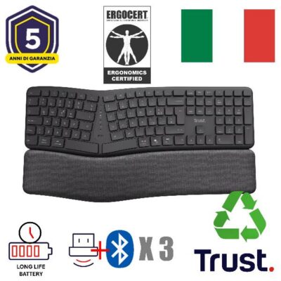 TASTIERA ERGONOMICA (CERTIFICATA ERGOCERT) WIRELESS MULTICONNECT BT + 2,4GHz – PLASTICA RICICLATA 85% – LAYOUT ITALIANO -TRUST KEYRA NERO