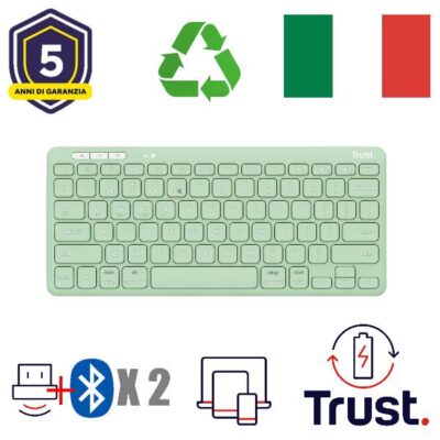 TASTIERA WIRELESS RICARICABILE MULTICONNECT 2 BT + 1 WL 2,4GHZ – PLASTICA RICICLATA 52% – LAYOUT ITALIANO – TRUST LYRA – VERDE
