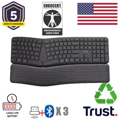 TASTIERA ERGONOMICA (CERTIFICATA ERGOCERT) WIRELESS MULTICONNECT BT + 2,4GHz – PLASTICA RICICLATA 85% – LAYOUT AMERICANO US -TRUST KEYRA NERO