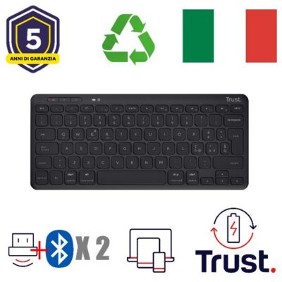 TASTIERA WIRELESS RICARICABILE MULTICONNECT 2 BT + 1 WL 2,4GHZ – PLASTICA RICICLATA 85% – LAYOUT ITALIANO – TRUST LYRA NERO