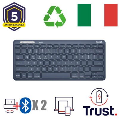 TASTIERA WIRELESS RICARICABILE MULTICONNECT 2 BT + 1 WL 2,4GHZ – PLASTICA RICICLATA 52% – LAYOUT ITALIANO – TRUST LYRA – BLU