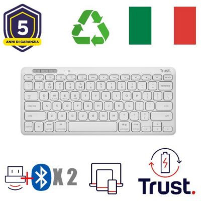 TASTIERA WIRELESS RICARICABILE MULTICONNECT 2 BT + 1 WL 2,4GHZ – PLASTICA RICICLATA 52% – LAYOUT ITALIANO – TRUST LYRA – BIANCA