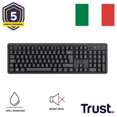 TASTIERA WIRELESS SILENZIOSA RESISTENTE AGLI SVERSAMENTI – LAYOUT ITALIANO – TRUST ODY II – NERO