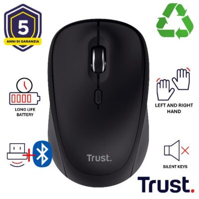 MOUSE WIRELESS MULTICONNECT 2x BT + 1 WL 2,4GHz SILENT – DURATA BATTERIA 12 MESI – 1600DPI – PLASTICA RICICLATA 75% -TRUST YVI+ MULTI-DEVICE NERO