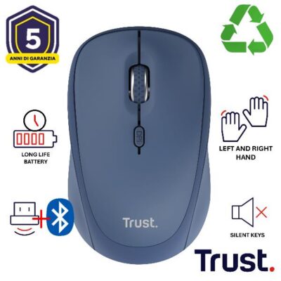 MOUSE WIRELESS MULTICONNECT 2x BT + 1 WL 2,4GHz SILENT – DURATA BATTERIA 12 MESI – 1600DPI – PLASTICA RICICLATA 75% -TRUST YVI+ MULTI-DEVICE BLU