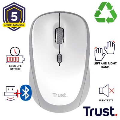 MOUSE WIRELESS MULTICONNECT 2x BT + 1 WL 2,4GHz SILENT – DURATA BATTERIA 12 MESI – 1600DPI – PLASTICA RICICLATA 75% -TRUST YVI+ MULTI-DEVICE BIANCO