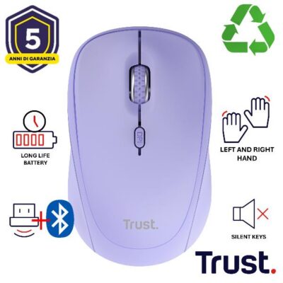 MOUSE WIRELESS MULTICONNECT 2x BT + 1 WL 2,4GHz SILENT – DURATA BATTERIA 12 MESI – 1600DPI – PLASTICA RICICLATA 75% -TRUST YVI+ MULTI-DEVICE VIOLA
