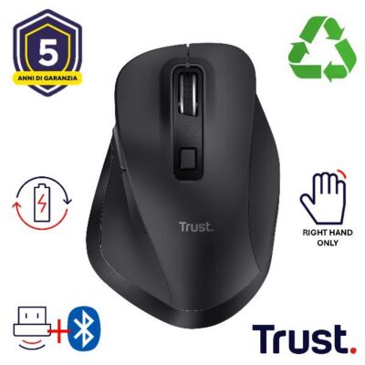 MOUSE WIRELESS RICARICABILE MULTICONNECT BT + WL 2,4GHZ – 2.400DPI – PLASTICA RICICLATA 50% – TRUST FYDA MULTIDEVICE – NERO