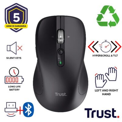 MOUSE WIRELESS MULTICONNECT 2x BT + WL 2,4GHZ CON ROTELLA HYPERSCROLL + SCROLL ORIZZONTALE – PLASTICA RICICLATA 85% – DURATA BATTERIE 19M – SILENT – 3200DPI – TRUST FERRO – NERO
