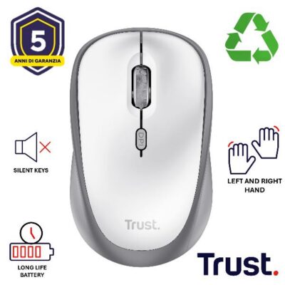 MOUSE WIRELESS SILENZIOSO – 1600DPI – PLASTICA RICICLATA 83% – DURATA BATTERIA 12 MESI – TRUST YVI+ – BIANCO
