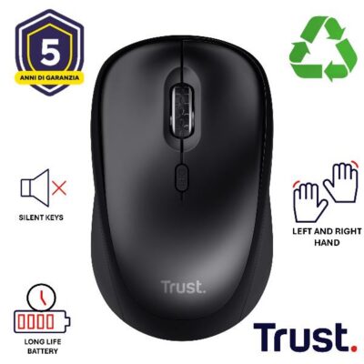 MOUSE WIRELESS SILENZIOSO – 1600DPI – PLASTICA RICICLATA 82% – DURATA BATTERIA 12 MESI – TRUST YVI+ – NERO GLOSS