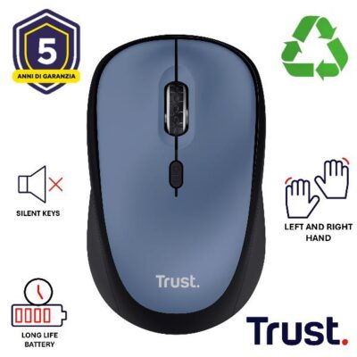 MOUSE WIRELESS SILENZIOSO – 1600DPI – PLASTICA RICICLATA 83% – DURATA BATTERIA 12 MESI – TRUST YVI+ – DARK BLU
