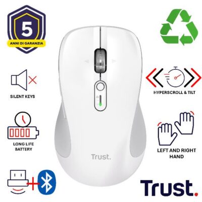 MOUSE WIRELESS MULTICONNECT 2x BT + WL 2,4GHZ CON ROTELLA HYPERSCROLL + SCROLL ORIZZONTALE – PLASTICA RICICLATA 65% – DURATA BATTERIE 19M – SILENT – 3200DPI – TRUST FERRO – BIANCO