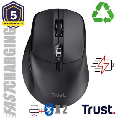 MOUSE WIRELESS RICARICA ULTRAVELOCE 3MIN 24GG – MULTICONNECT WL 2,4GHZ + 2x BT SILENT – PLASTICA RICICLATA 85% – 4000DPI – TRUST ZEVO – NERO