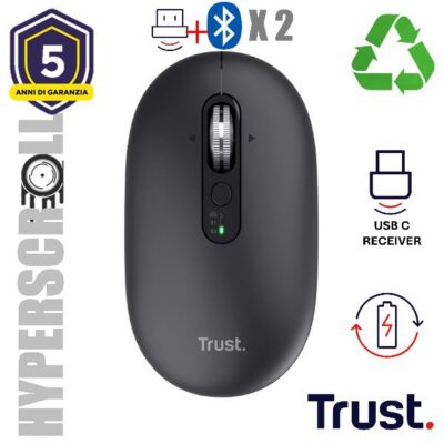 MOUSE WIRELESS HYPERSCROLL RICARICABILE MULTICONNECT WL 2,4GHZ + 2x BT ULTRASOTTILE SILENT – 3200DPI – TRUST SERON – NERO