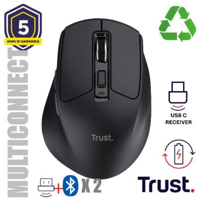 MOUSE WIRELESS RICARICABILE MULTICONNECT WL 2,4GHZ + 2x BT SILENT – 3200DPI – TRUST NIVEN – NERO