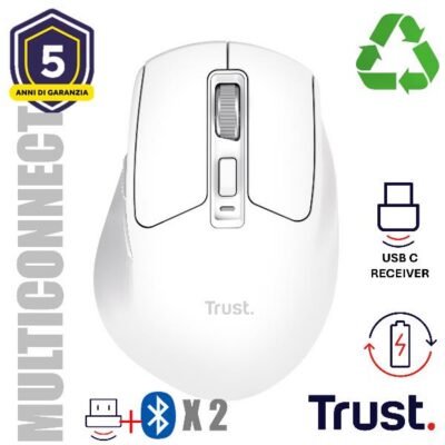 MOUSE WIRELESS RICARICABILE MULTICONNECT WL 2,4GHZ + 2x BT SILENT – 3200DPI – TRUST NIVEN – BIANCO