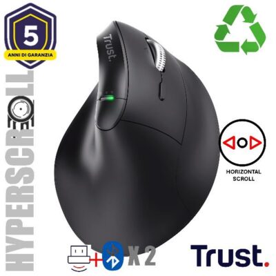 MOUSE ERGONOMICO VERTICALE HYPERSCROLL WIRELESS RICARICABILE MULTICONNECT 2x BT + WL 2,4GHZ (USB A + USB C) – PLASTICA RICICLATA 85% – 4800DPI – TRUST VYRAN – NERO