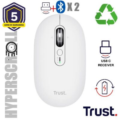 MOUSE WIRELESS HYPERSCROLL RICARICABILE MULTICONNECT WL 2,4GHZ + 2x BT ULTRASOTTILE SILENT – 3200DPI – TRUST SERON – BIANCO