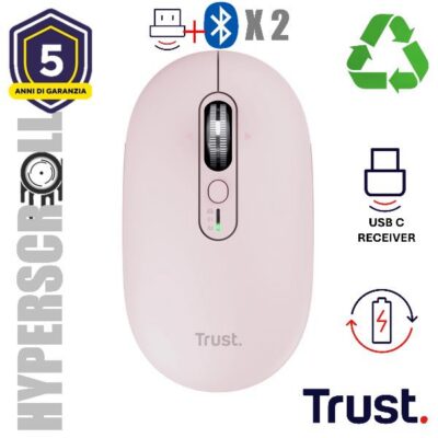MOUSE WIRELESS HYPERSCROLL RICARICABILE MULTICONNECT WL 2,4GHZ + 2x BT ULTRASOTTILE SILENT – 3200DPI – TRUST SERON – ROSA