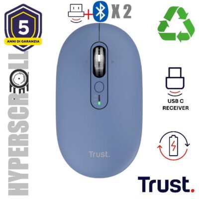 MOUSE WIRELESS HYPERSCROLL RICARICABILE MULTICONNECT WL 2,4GHZ + 2x BT ULTRASOTTILE SILENT – 3200DPI – TRUST SERON – BLU