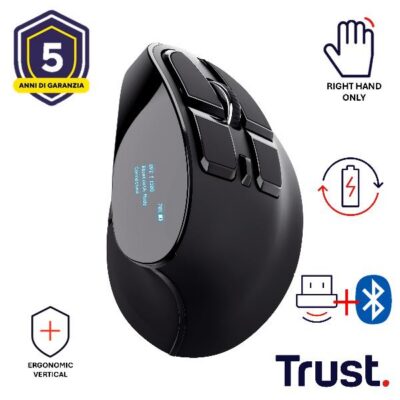 MOUSE ERGONOMICO VERTICALE WIRELESS RICARICABILE MULTICONNECT BT + WL 2,4GHZ CON DISPLAY – 9 PULSANTI PROGRAMMABILI – 2400DPI – TRUST VOXX – NERO