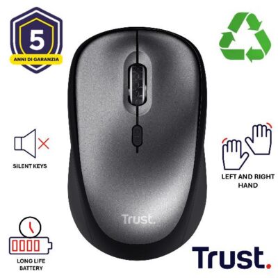 MOUSE WIRELESS SILENZIOSO – 1600DPI – PLASTICA RICICLATA 83% – DURATA BATTERIA 12 MESI – TRUST YVI+ NERO