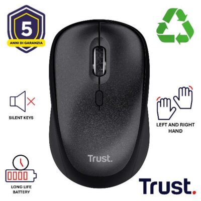 MOUSE WIRELESS SILENZIOSO – 1600DPI – PLASTICA RICICLATA 83% – DURATA BATTERIA 12 MESI – TRUST B2B TM-201 – NERO