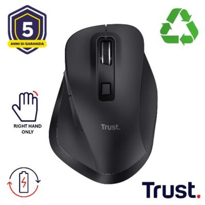 MOUSE ERGONOMICO WIRELESS RICARICABILE – 5000DPI – PLASTICA RICICLATA 50% – TRUST FYDA – NERO