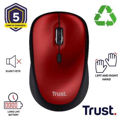 MOUSE WIRELESS SILENZIOSO – 1600DPI – PLASTICA RICICLATA 83% – DURATA BATTERIA 12 MESI – TRUST YVI+ ROSSO