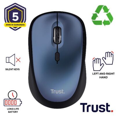 MOUSE WIRELESS SILENZIOSO – 1600DPI – PLASTICA RICICLATA 83% – DURATA BATTERIA 12 MESI – TRUST YVI+ BLU