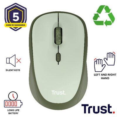 MOUSE WIRELESS SILENZIOSO – 1600DPI – PLASTICA RICICLATA 83% – DURATA BATTERIA 12 MESI – TRUST YVI+ VERDE