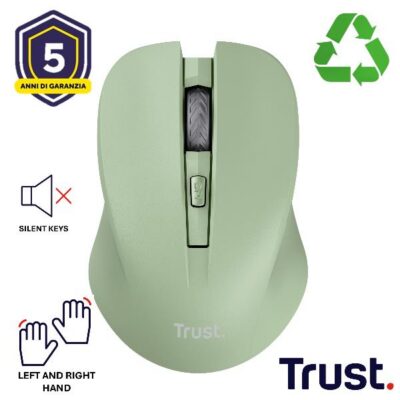 MOUSE WIRELESS SILENZIOSO – 1800DPI – PLASTICA RICICLATA 82% – TRUST MYDO – VERDE