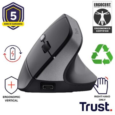 MOUSE ERGONOMICO (CERTIFICATO ERGOCERT) VERTICALE WIRELESS RICARICABILE – 2400DPI – PLASTICA RICICLATA 70% – TRUST BAYO II NERO
