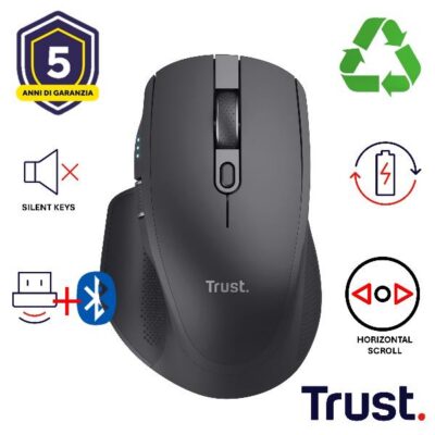 MOUSE WIRELESS RICARICABILE MULTICONNECT BT + WL 2,4GHZ SILENZIOSO – SCROLL ORIZZONTALE – 3200DPI – PLASTICA RICICLATA 60% – TRUST OZAA+ NERO