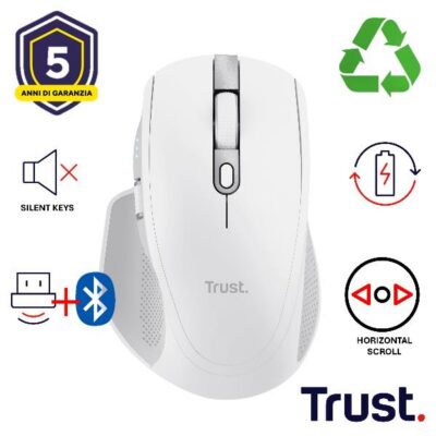 MOUSE WIRELESS RICARICABILE MULTICONNECT BT + WL 2,4GHZ SILENZIOSO – SCROLL ORIZZONTALE – 3200DPI – PLASTICA RICICLATA 60% – TRUST OZAA+ BIANCO