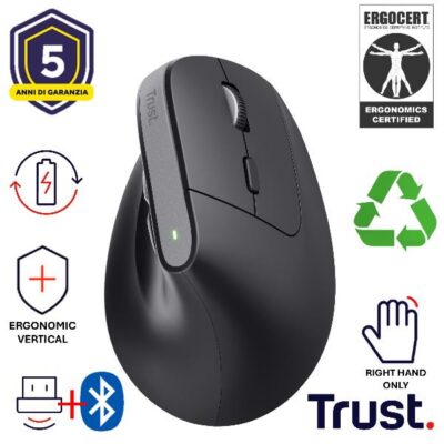 MOUSE ERGONOMICO (CERTIFICATO ERGOCERT) VERTICALE WIRELESS RICARICABILE – 2400DPI – MULTICONNECT 2x BT + 1 WL 2,4GHz – PLASTICA RICICLATA 70% – TRUST BAYO+ NERO