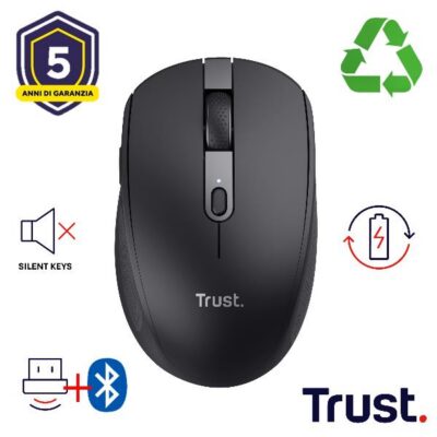 MOUSE WIRELESS RICARICABILE MULTICONNECT BT + WL 2,4GHZ SILENZIOSO – 3200DPI – PLASTICA RICICLATA 60% – TRUST OZAA COMPACT – NERO