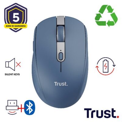 MOUSE WIRELESS RICARICABILE MULTICONNECT BT + WL 2,4GHZ SILENZIOSO – 3200DPI – PLASTICA RICICLATA 60% – TRUST OZAA COMPACT – BLU