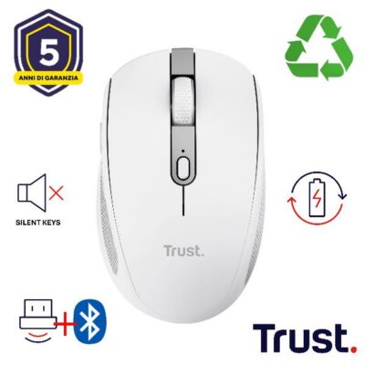 MOUSE WIRELESS RICARICABILE MULTICONNECT BT + WL 2,4GHZ SILENZIOSO – 3200DPI – PLASTICA RICICLATA 60% – TRUST OZAA COMPACT – BIANCO