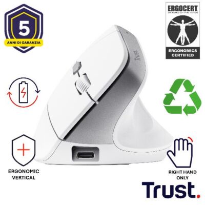 MOUSE ERGONOMICO (CERTIFICATO ERGOCERT) VERTICALE WIRELESS RICARICABILE – 2400DPI – PLASTICA RICICLATA 70% – TRUST BAYO II BIANCO