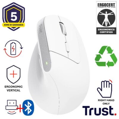 MOUSE ERGONOMICO (CERTIFICATO ERGOCERT) VERTICALE WIRELESS RICARICABILE – 2400DPI – MULTICONNECT 2x BT + 1 WL 2,4GHz – PLASTICA RICICLATA 70% – TRUST BAYO+ BIANCO