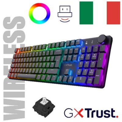 TASTIERA GAMING MECCANICA WIRELESS RICARICABILE RGB LOW PROFILE, MANOPOLA VOLUME AUDIO – LAYOUT ITALIANO – TRUST GXT868 TORIX – NERO
