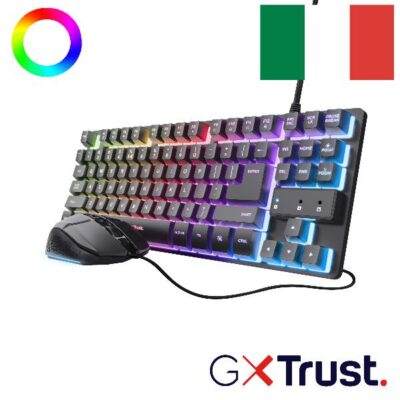 SET GAMING TASTIERA (COMPATTA TKL) E MOUSE (6.400DPI) CABLATI ILLUMINATI – PLASTICA RICICLATA 69% – LAYOUT ITALIANO – TRUST GXT798 SET 2 IN 1 – NERO